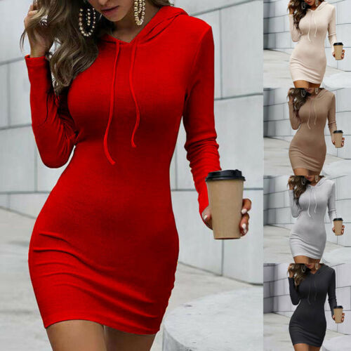 Mujeres Manga Larga Liso Mini Vestido Largo Sudaderas con Capucha Suéter Vestido Bodycon - Imagen 1 de 20