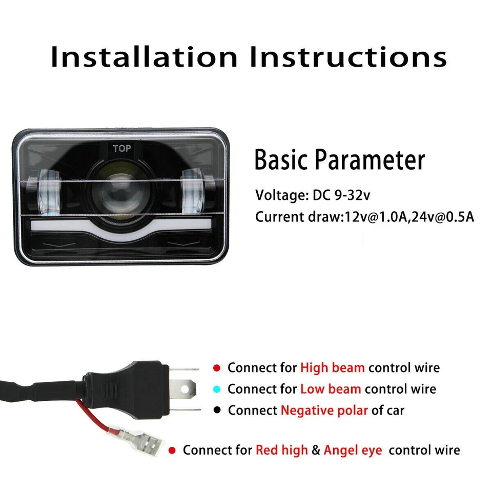 4x Fit Ford LTL9000 Mustang 4X6" Square LED Headlights Hi-Lo Sealed Beam Red DRL - Image 4 of 4