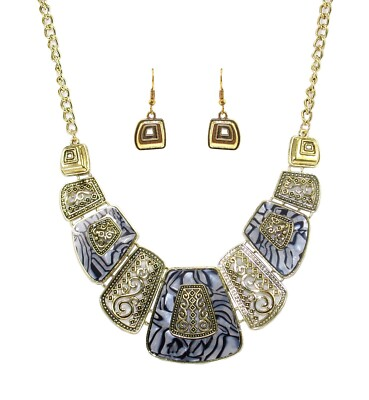 #ad Black and white statement necklace and earring set with metal scroll designs New $16.99