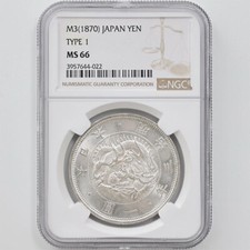 1870 Japan Meiji Year 3  1Yen 26.96 Grams Silver Coin NGC MS 66 Type 1 No Border