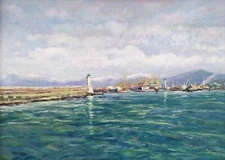 Italian Winter Harbour Scene Original Modern Impressionist Oil Painting signed 