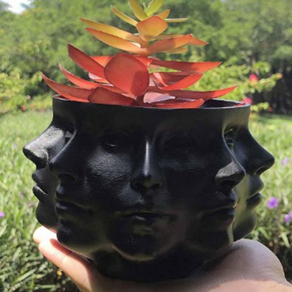 Abstract Flowerpot Vase Mould MultiFaceted Human Face Flower Pot Black
