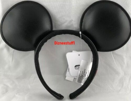 Disney  Mickey Mouse Ears Headband Solid Black Leather Vinyl Signature NEW USA - Afbeelding 1 van 2