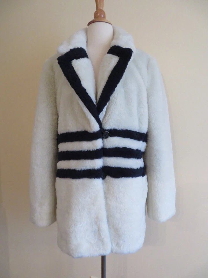 NUEVO ABRIGO DE PELUCHE J.CREW THE EN VELLÓN DE FELPA A RAYAS, H2298, TALLA M, CREMA AZUL MARINO, $248