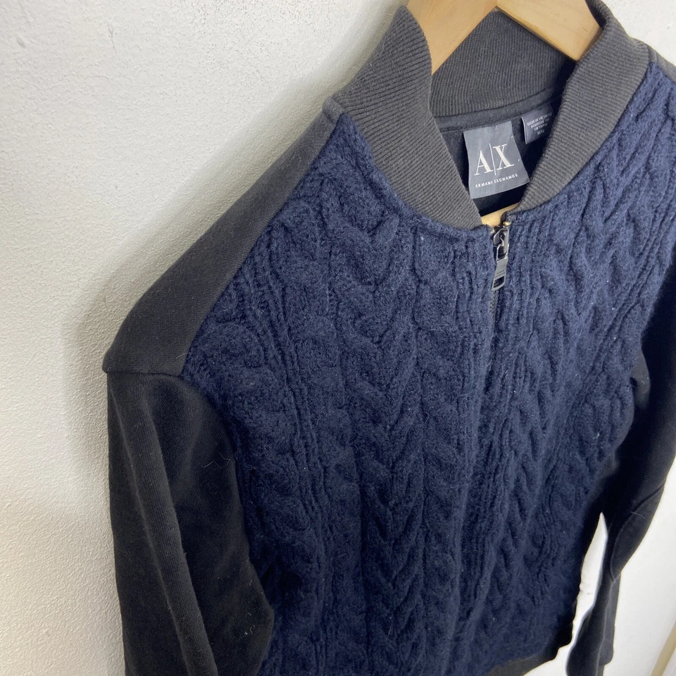 A/E Armani Exchange Hombres M Cable Tejido Suéter Cremallera Chaqueta Azul Negro Mezcla de Lana Foto 2 de 4