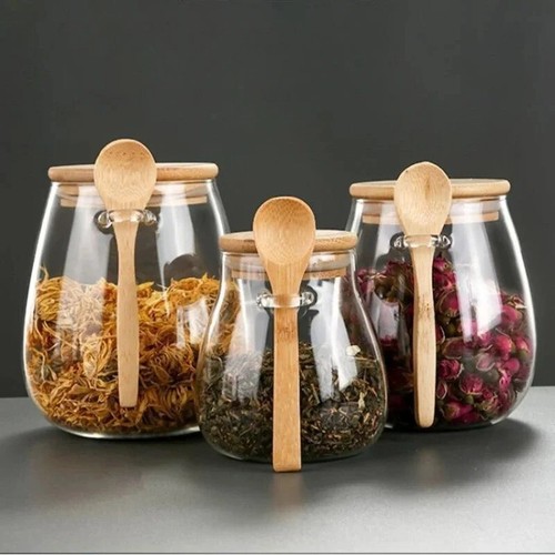NEW Sugar Jar with Lid Spoon Airtight Glass Jar Sugar Bowl with Wooden Lid - Picture 8 of 14