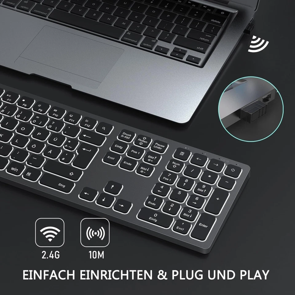 Beleuchtete Tastatur Funktastatur Kabellos mit Weißer LED QWERTZ für PC C336 - Bild 3 von 4