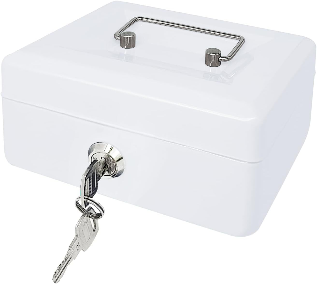 Compact White Steel Cash Box with Key Lock, 5.9x3.1x4.7 Inches