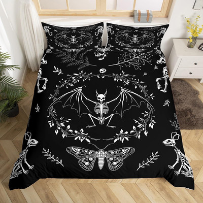 Moth Animal Theme Duvet Cover Queen Size,Gothic Skull Boho Comforter Cover with