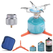 Camping Stove Burner with 1LB Propane Tank Adapter, Fuel Can Canister Stand, Bag