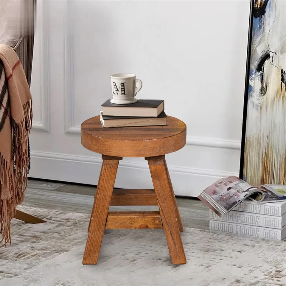 Greenage Small Rustic Old Pine Wooden Stool Round Side Table Bedside Table 18" H - Image 3 of 4