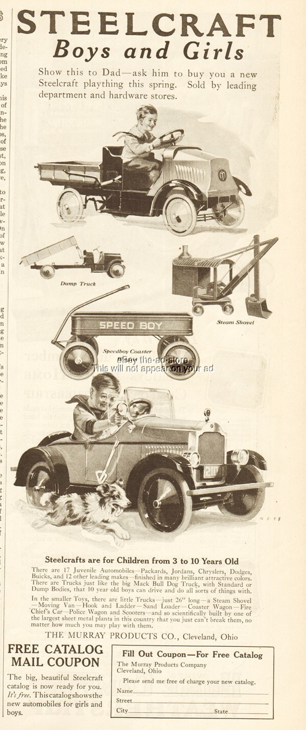 1925 Steelcraft Pedal Car Coaster Wagon Dump Truck Murray Products Cleveland Ad