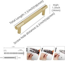 5 Pack Knurled Cabinet Pulls Gold Kitchen Cabinet Handles- 7.5" Length 6,25 hole