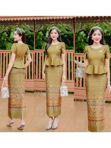 Thai Cotton Dress Traditional Women Skirt Blouse Fashion Printed Long Laos Asian - 第 9/20 張圖片