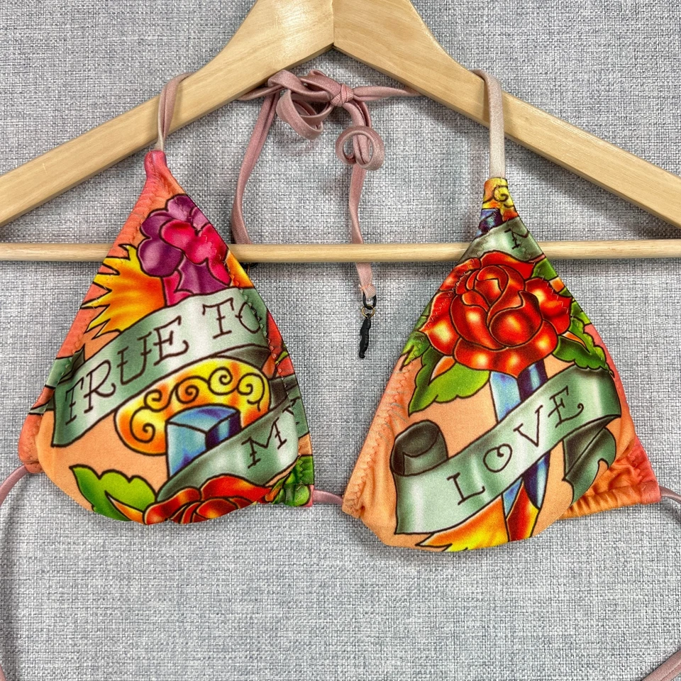 Conjunto de biquíni ED HARDY vintage Y2K True To My Love cordas ousadas tatuagem grande natação - Imagem 2 de 4