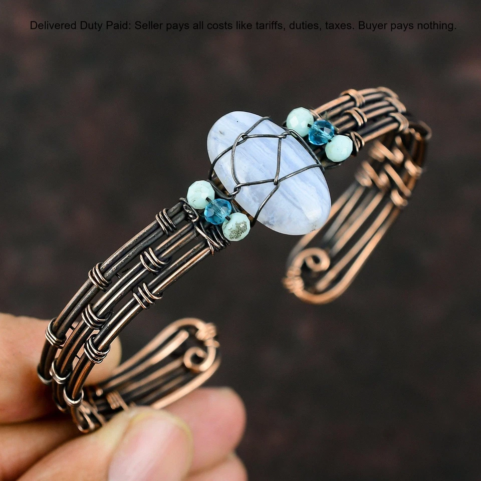 Venta de Navidad Brazalete Retorcido Madre Artesanal Cobre Ágata Encaje Azul Natural Ovalado Foto 3 de 4