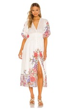 Zimmermann Linen Poppy Shirred Waist Midi Dress White Crimson Floral Size 1 US S