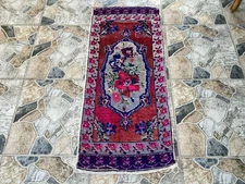 1980s Small Turkish Vintage Handmade Geometric Tribal Anatolian Rug 1.6x3.8 ft