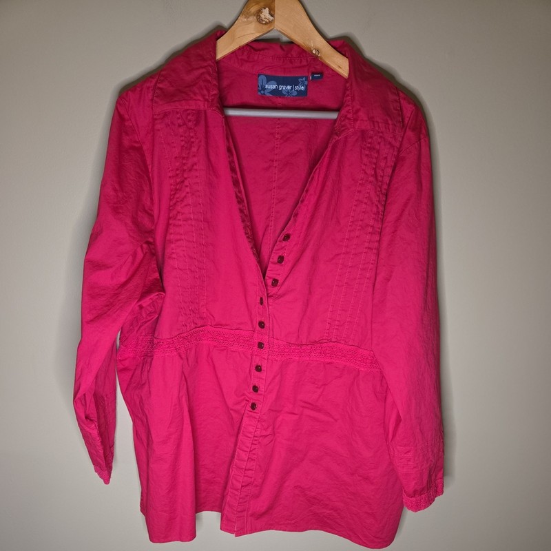 Susan Graver Style Women's SZ 2X Hot Pink V Neck Buttoned Blouse Relaxed Career 