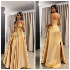 Satin A-line Ball Gown Spaghetti Strap Sweetheart Bead Front Slit Evening Dress