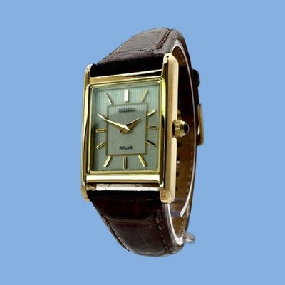 Exc+5] SEIKO SOLAR Tank V115-0BD0 Gold Roman 18mm Woman's Watch