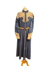 Vintage Western Denim & Suede Embroidered Maxi Dress With Snap Buttons & Belt