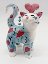 Amy Lacombe Ceramic Cat Sky Blue With Purple Hearts 24342 Annaco Creations 2003