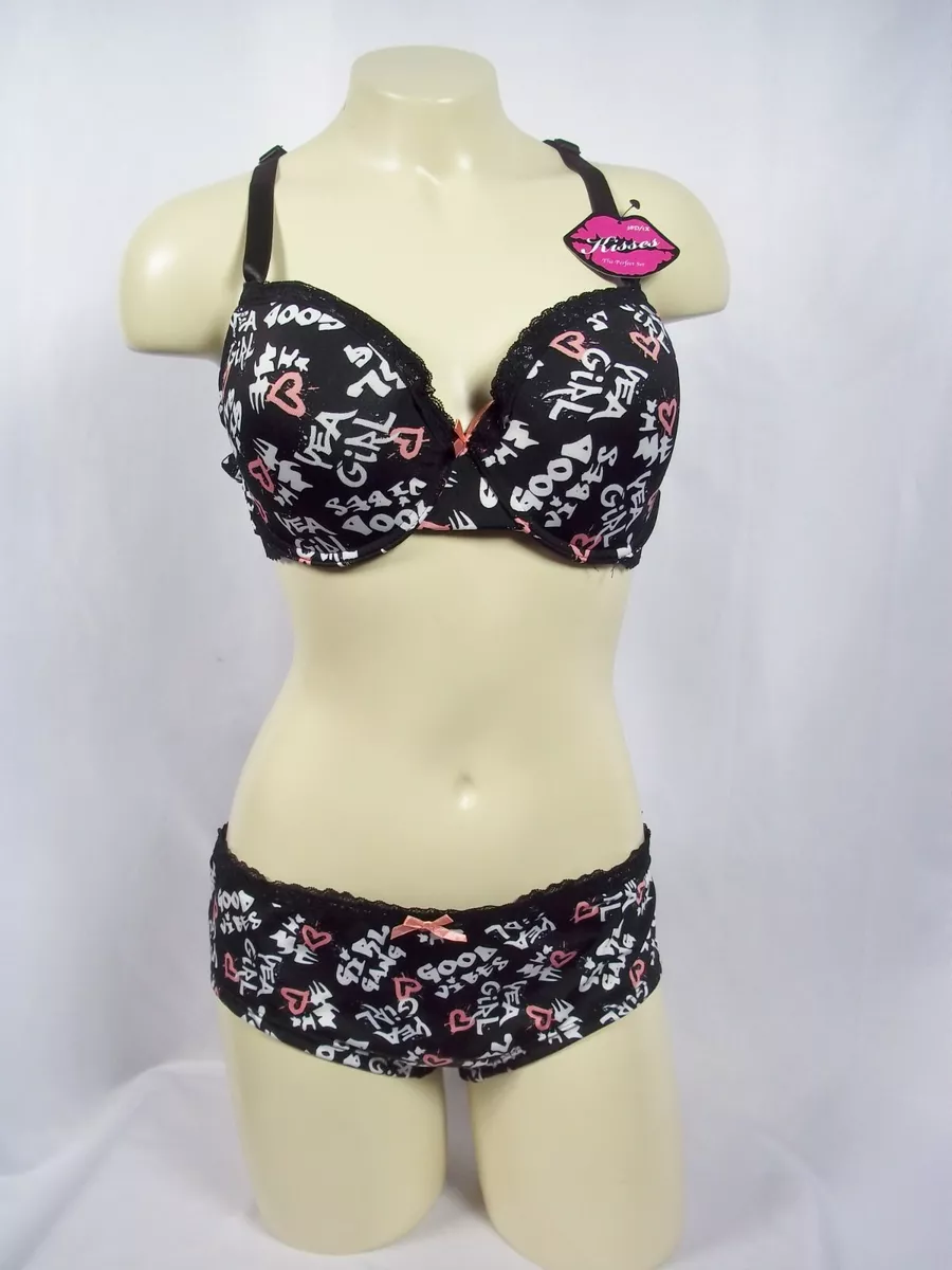 KISSES Plus Size Bra & Panty Set NWT Sassy Word Print Black Pink