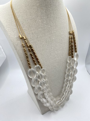 Vintage Frosted Glass 3 Strand Gold Tone Necklace 26 Inch J02 - Picture 2 of 6