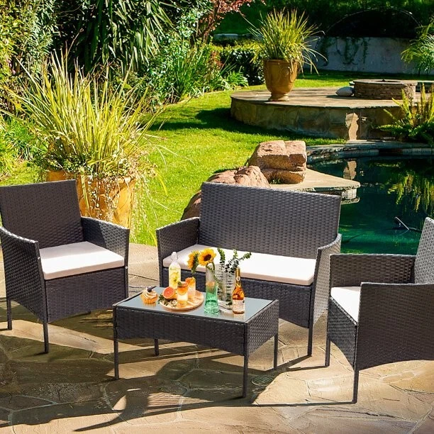 Lacoo 4 Pieces Patio Conversation Set Outdoor Furniture PE Rattan