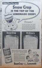 1955 newspaper ad for Snow Crop Lemonade - Top of Lemonade Crop, Teddy SnowCrop