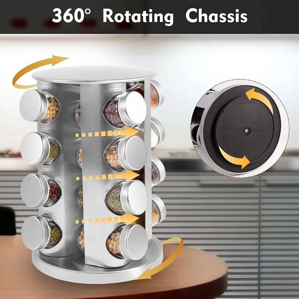 Organizador de condimentos para estante de especias de 16 tarros encimera giratoria soporte de acero inoxidable Foto 4 de 4
