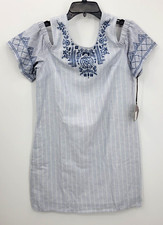 Knox Rose Dress Womens Small Blue Stripe Embroidered Cold Shoulder Boho Sheath