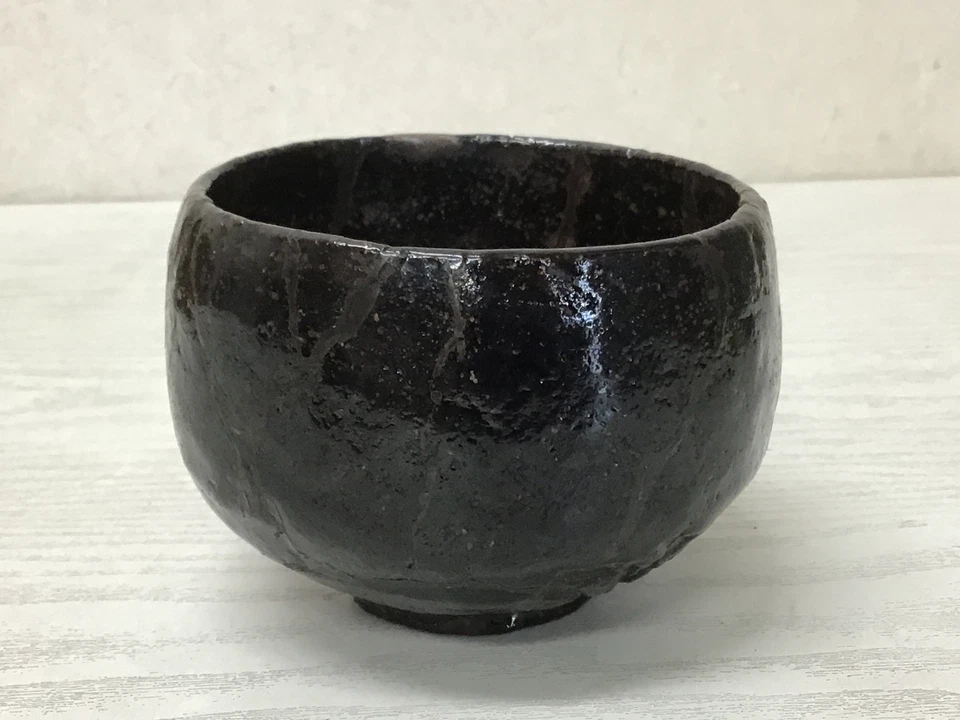 Y2233 CHAWAN Raku-ware caja firmada negra Japón cerámica antiguo té ceremonia tazón Foto 2 de 4