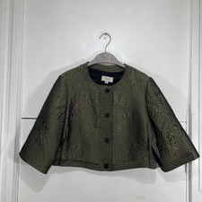 Temperley London Jacket Green Jacquard Vintage Button Crop Wool Blend Uk 16 Us12