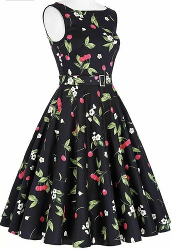 Retro Women cherries/flowers rockabilly Swing Midi Dress-size S* - Picture 2 of 4