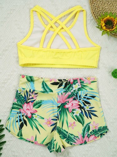 Kids Girls Sport Suit U Neck Elastic Waistband Outfit Straps Rear Cross Set - Picture 46 of 94