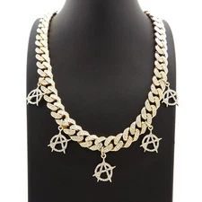 Gold Plated Alloy Cubic Zirconia 5 Anarchy Pendant & Iced Cuban Chain Necklace