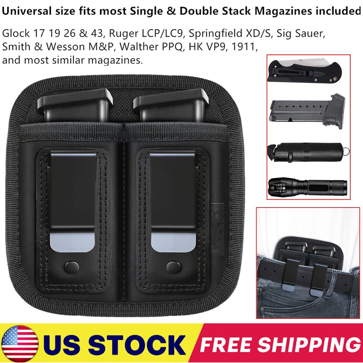 US Concealed Carry IWB Double Magazine Pouch for 9mm .40 .45 .380 .357 Mag Pouch-image