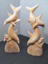 Dolphin Love Wood Sculptures Display Bali Art Decor Hand Carved Sea Life 19 X 7