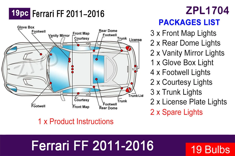 Комплект из 19 светодиодных ламп для модернизации салона Ferrari FF 2011-2016 белые лампы - Изображение 2 из 4