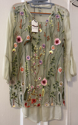 Sale Stylange Paris Net Embroidered Light Green Shirt Top Summer