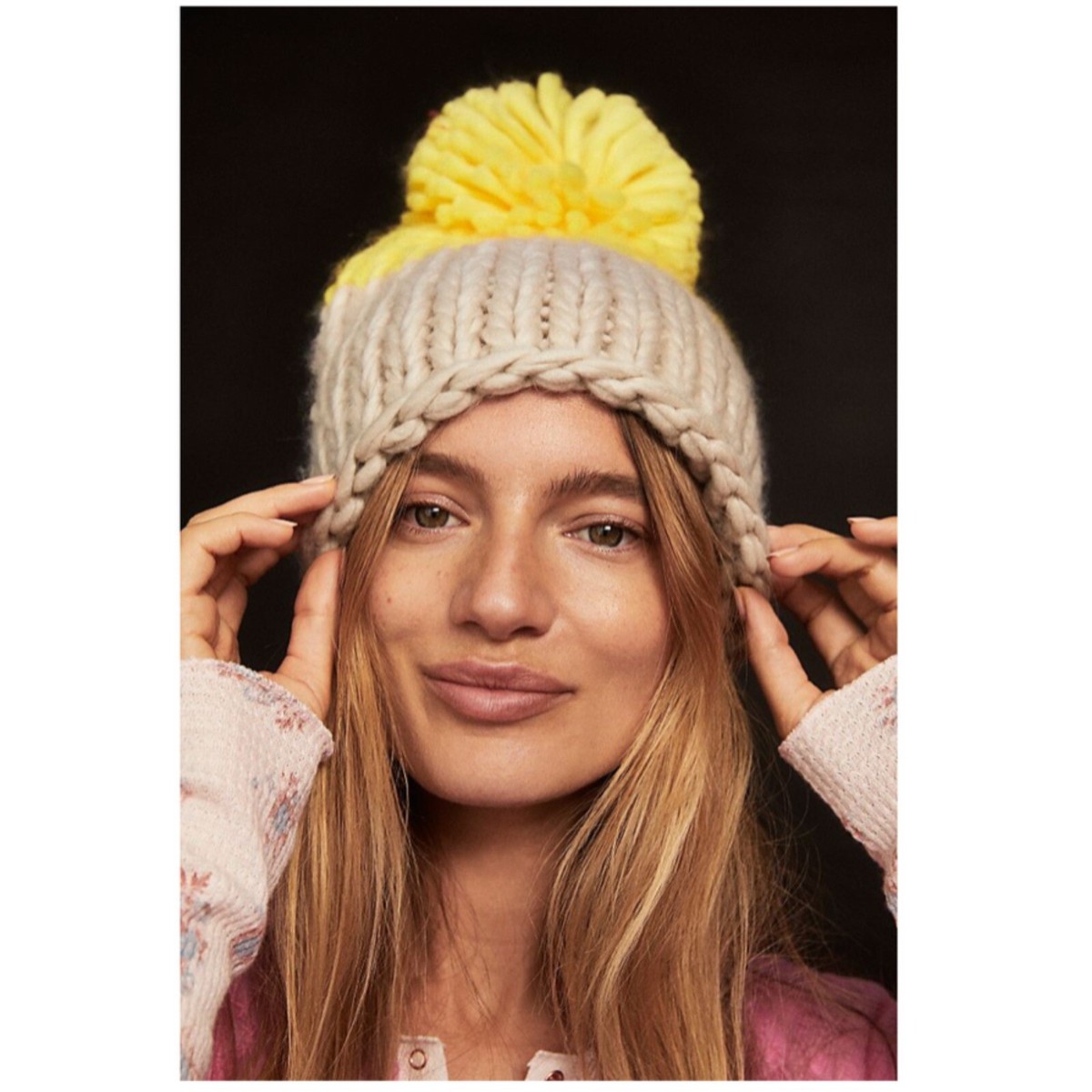 Free People Cozy Up Color Block Pom Beanie Yellow Gray | eBay