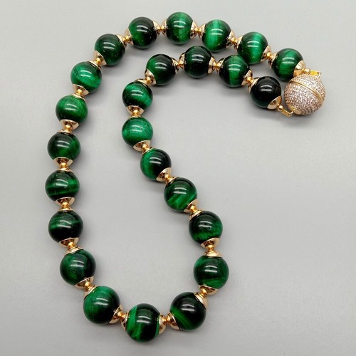 14mm Green Tigers Eye Smooth Round Necklace 18.5" Cz pave Clasp - Picture 6 of 7
