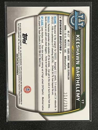Keeshawn Barthelemy 2022-23 Bowman U 1st Chrome Purple Mini-Diamond /399 #17 - Picture 2 of 2