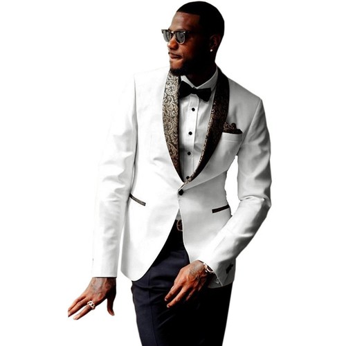 Men Suit White Ivory Tuxedo Groom Wedding Paisley Shawl Lapel Prom Party Suits - Picture 2 of 13