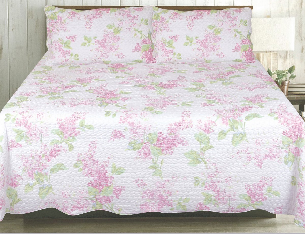 Quilted Floral Bedspread Throw Throwover Bedding Set Green Pink Blue 5