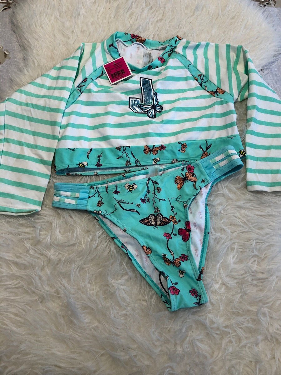 JUICY COUTURE BLACK LABEL Piece Swimsuit Turq White Stripe Tankini Sz  16 NWT