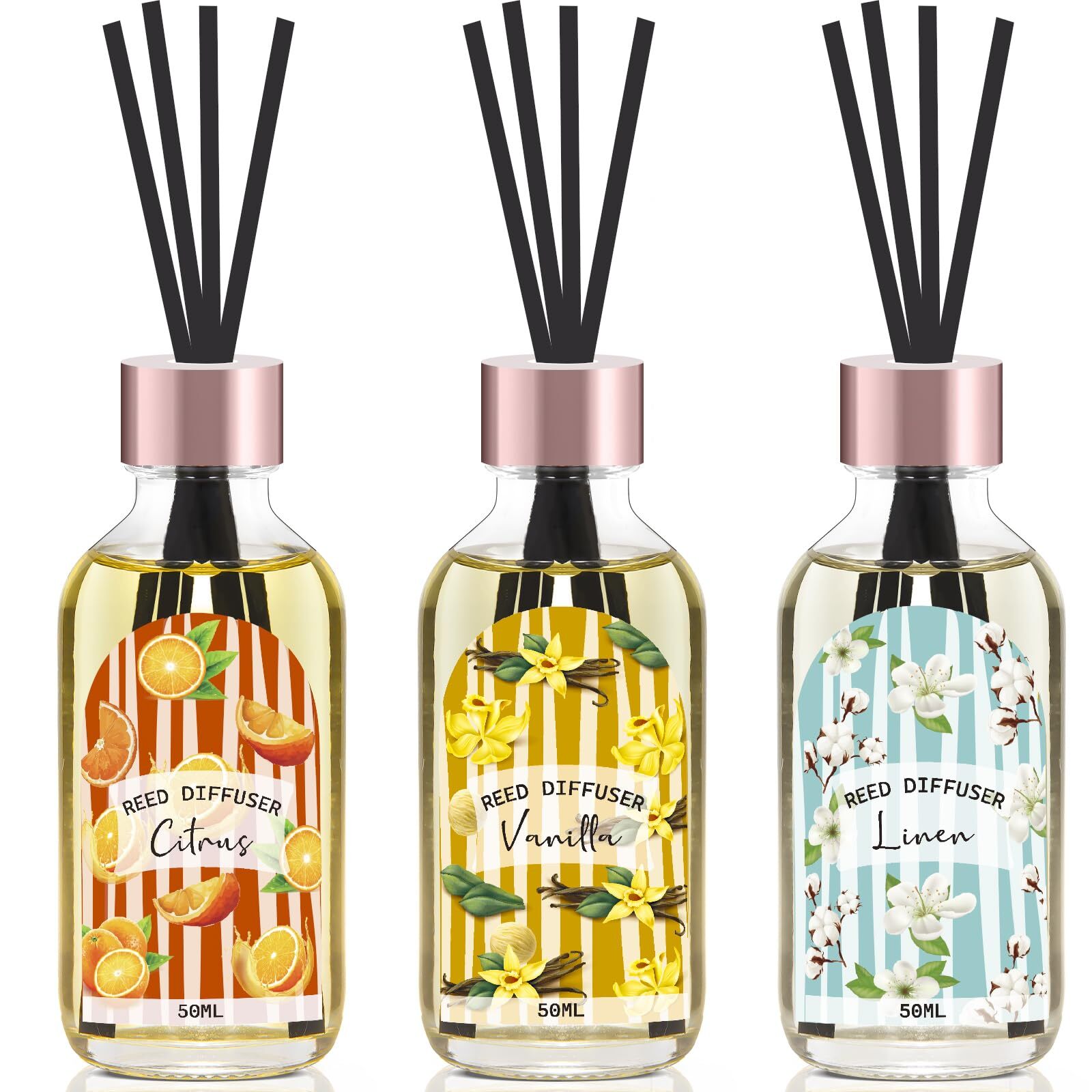 Reed Diffuser Set of 3 Pack, Linen Vanilla Citrus Scented Oil Diffuser with 1...-image