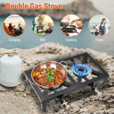 Cast Iron Double Burner Portable Outdoor Camp Stove Propane Gas LPG BBQ Cooker